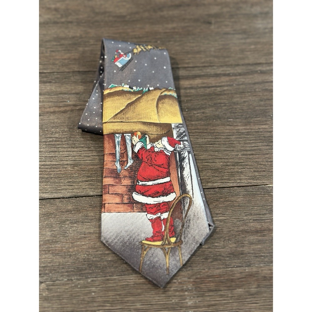 Crescent Bay gray Santa Claus Christmas Stockings Reindeer necktie tie,‎ NWOT
